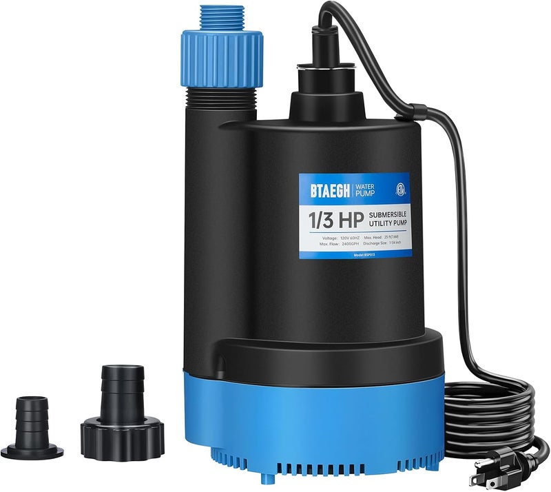 BTAEGH 1/3 HP Submersible Water Pump 2400GPH Small Sump Pump Thermoplastic Electric Portable Transfer Utility Pump Clean for Swimming Pool Basement Garden Pond - Image 1